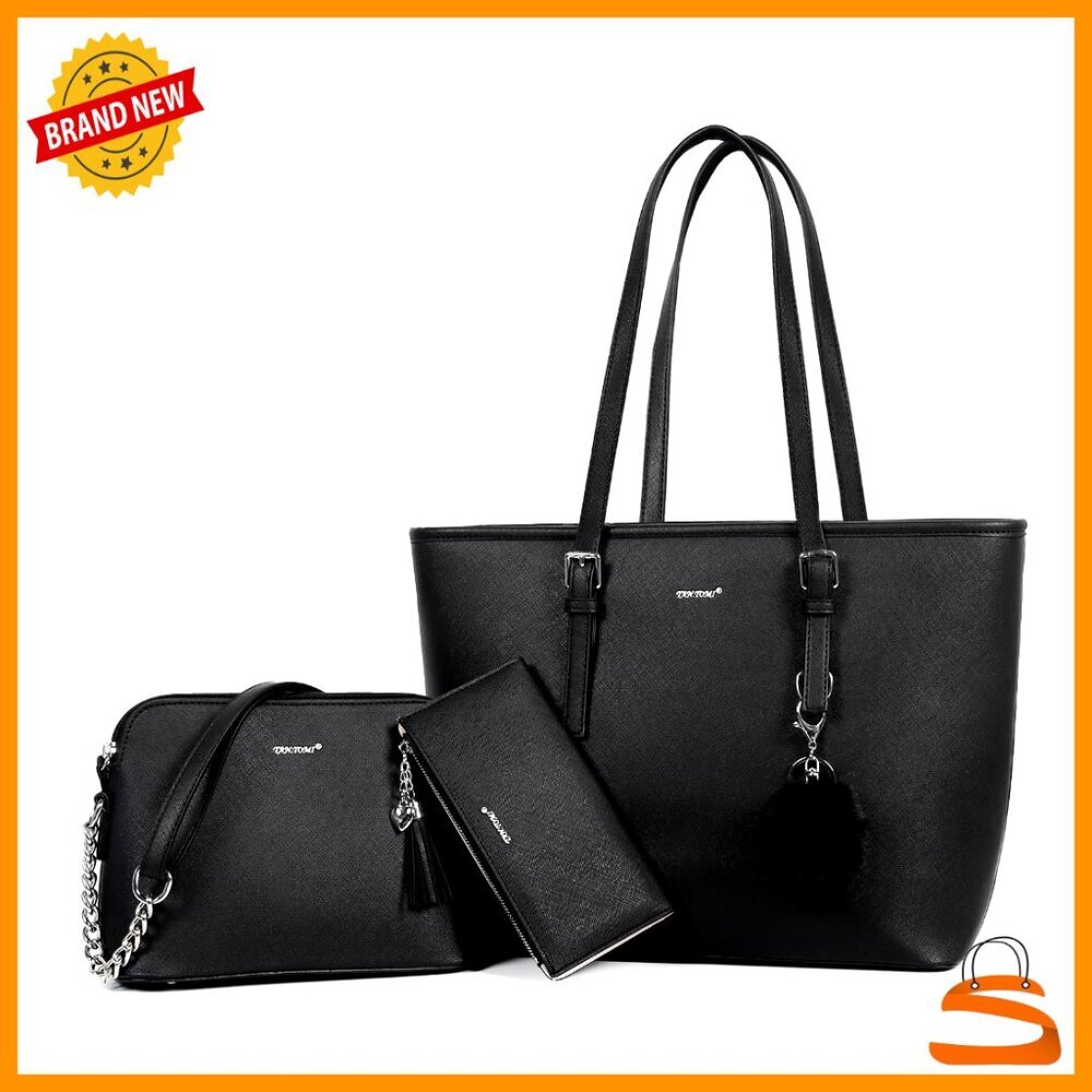 3PC Faux Leather Tote Set with Shoulder Bag and Wallet for Work Travel